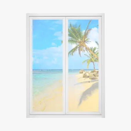 Pegatina para ventana escena de paraíso tropical con palmeras y mar turquesa – Pixers®
