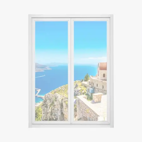 Pegatina para ventana iglesia de cúpulas rojas sobre acantilado del Mediterráneo – Pixers®