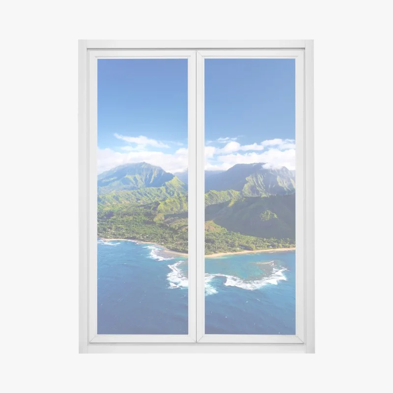Pegatina para ventana paraíso costero: vista aérea de playa y montañas