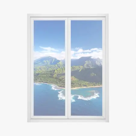 Pegatina para ventana paraíso costero: vista aérea de playa y montañas – Pixers®