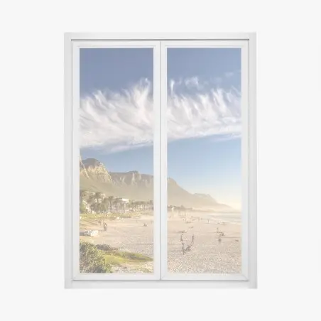Pegatina para ventana playa y montañas al atardecer – Pixers®