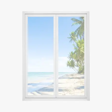 Pegatina para ventana escena de playa tropical con palmeras y mar turquesa – Pixers®