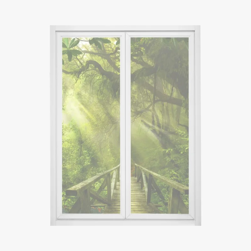 Pegatina para ventana puente en la selva bañado por rayos de sol