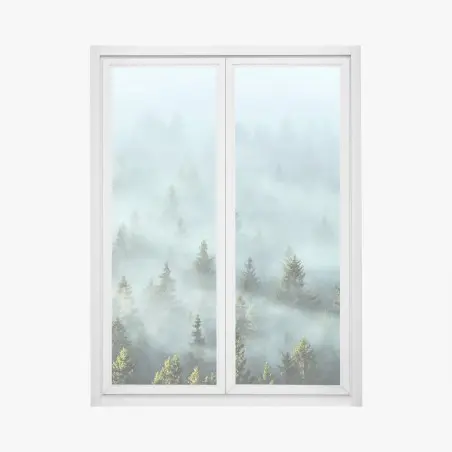 Pegatina para ventana amanecer entre abetos en la niebla – Pixers®