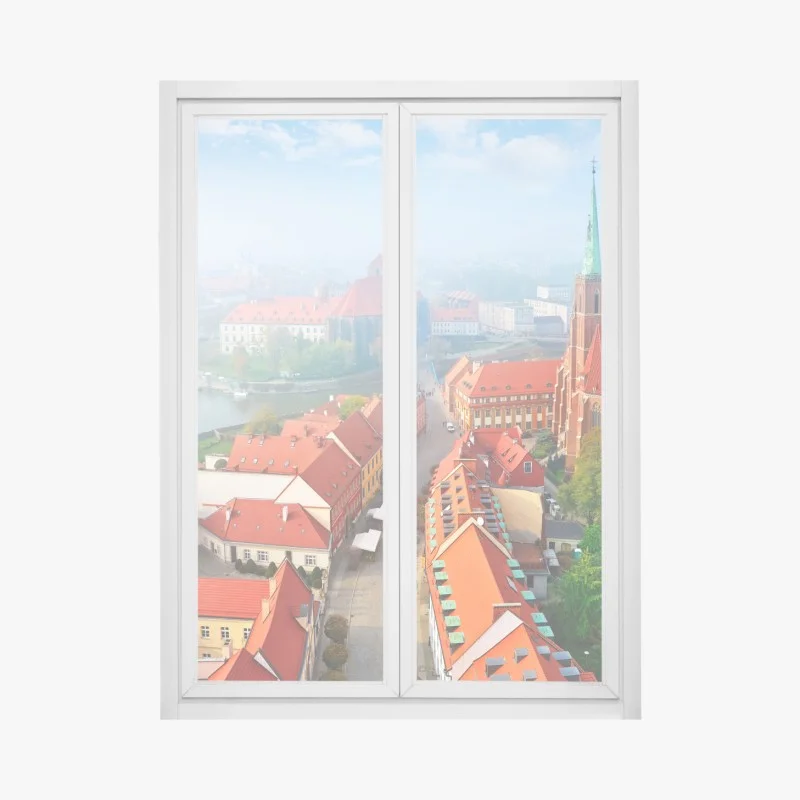 Pegatina para ventana paisaje urbano histórico con tejados rojos y catedral gótica