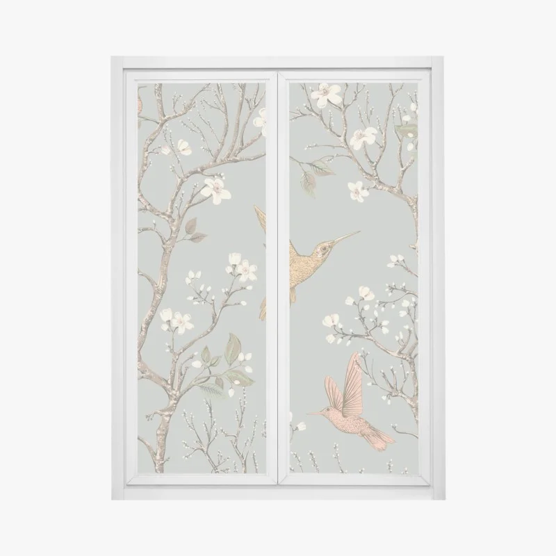 Pegatina para ventana colibríes y flores en ramas estilo botánico