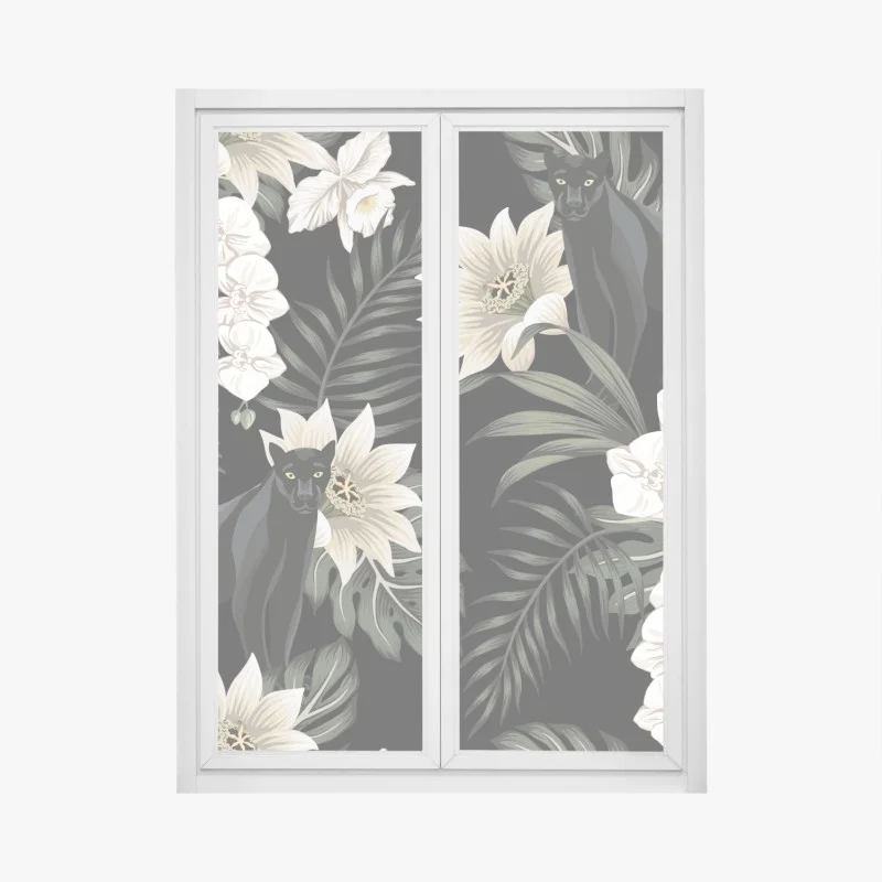 Pegatina para ventana panteras negras entre orquídeas y hojas tropicales