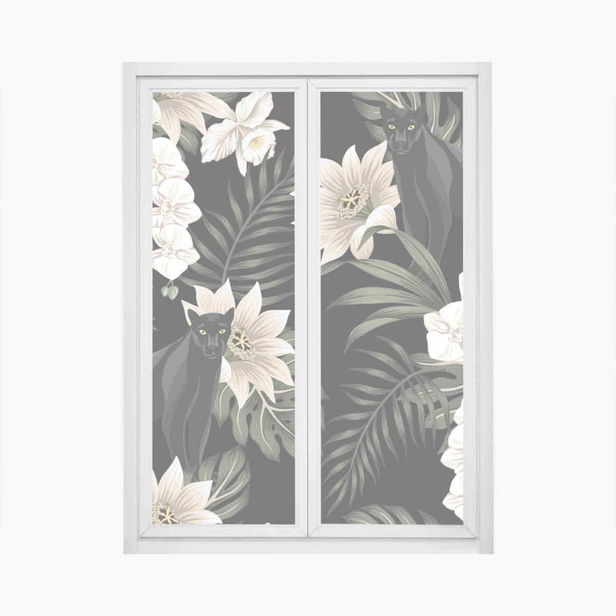 Pegatina para ventana panteras negras entre orquídeas y hojas tropicales – Pixers®