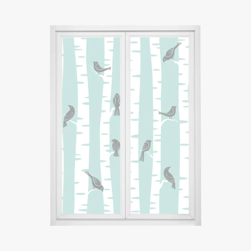Pegatina para ventana patrón de abedules y pájaros en menta