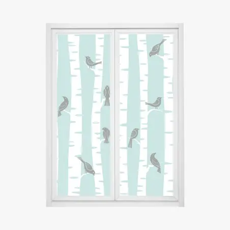 Pegatina para ventana patrón de abedules y pájaros en menta – Pixers®