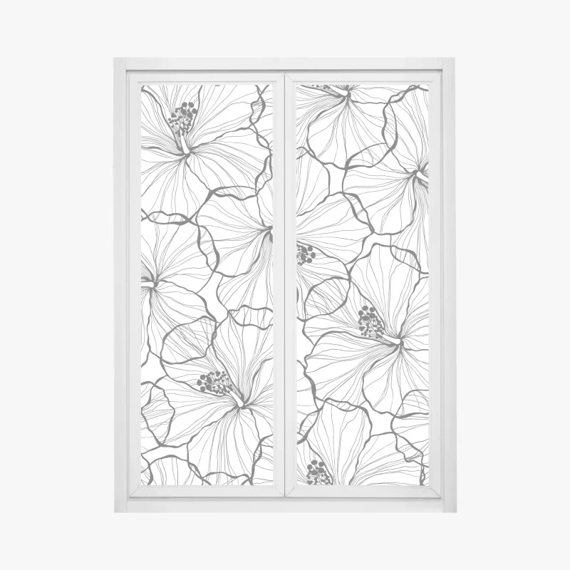 Pegatina para ventana patrón botánico de hibiscos en blanco y negro