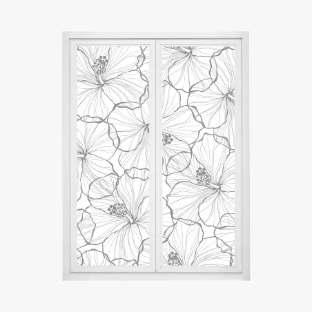 Pegatina para ventana patrón botánico de hibiscos en blanco y negro – Pixers®