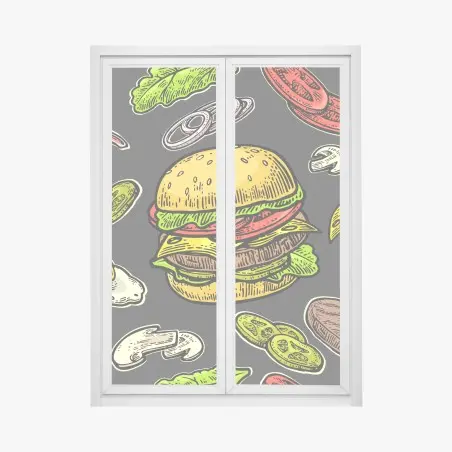 Pegatina para ventana patrón retro de hamburguesas y ingredientes – Pixers®