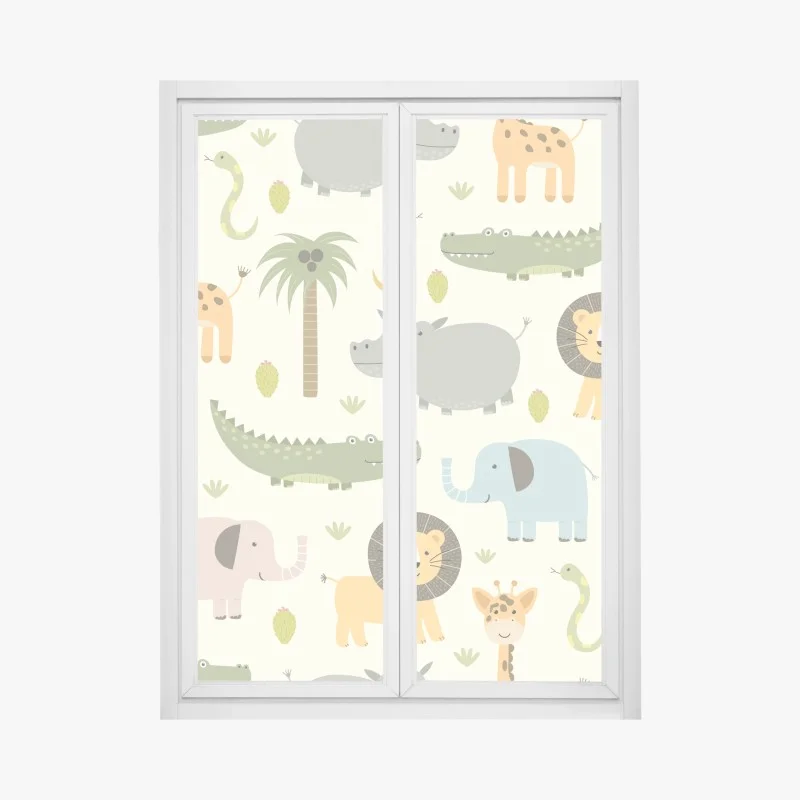 Pegatina para ventana patrón safari de animales en tonos pastel