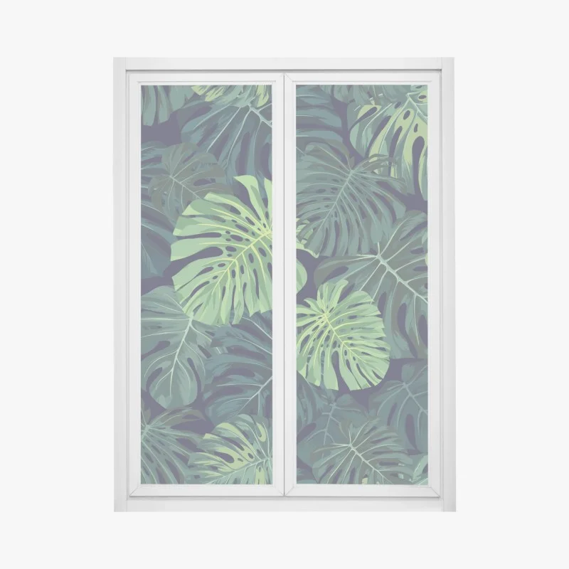 Pegatina para ventana patrón tropical de hojas de monstera en tonos verdes