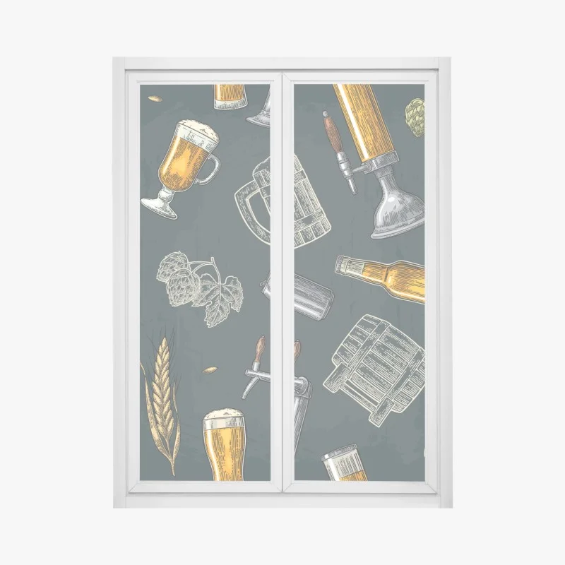 Pegatina para ventana patrón vintage de cerveza y utensilios cerveceros