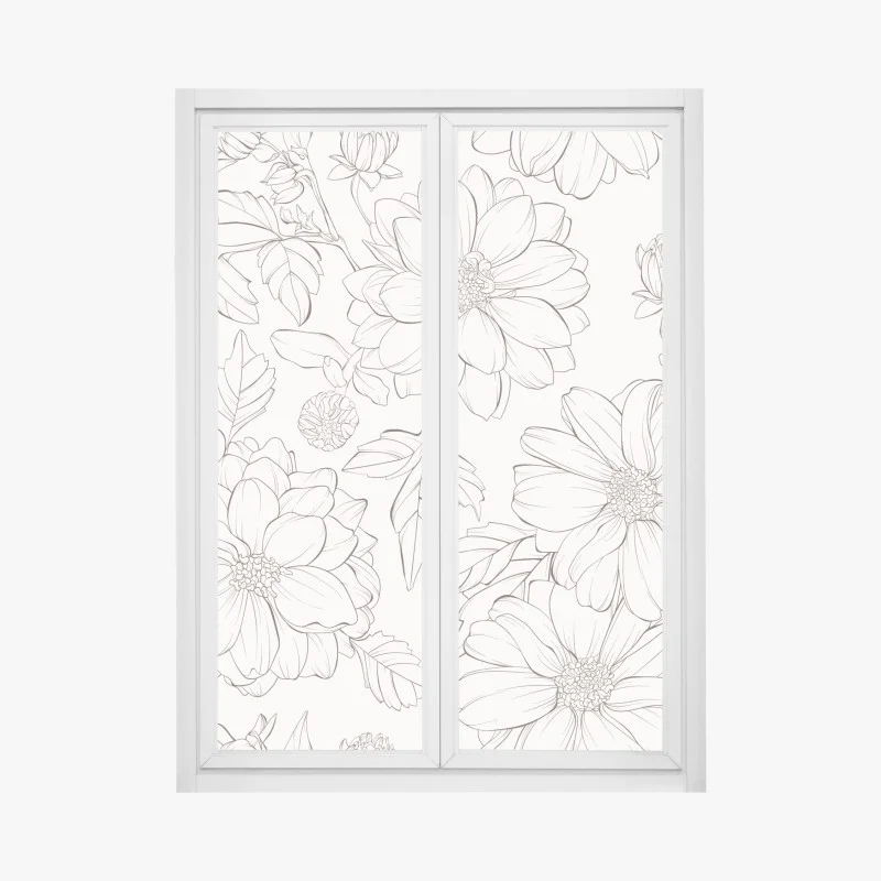 Pegatina para ventana estampado floral delicado en blanco y negro
