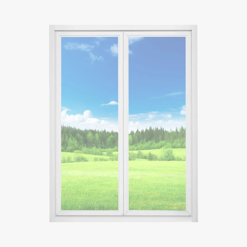 Pegatina para ventana paisaje primaveral de pradera y bosque