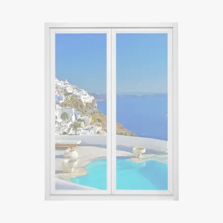 Pegatina para ventana panorámica de Santorini con piscina infinita y vistas al mar – Pixers®