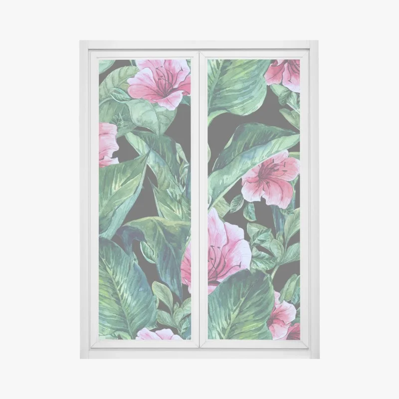 Pegatina para ventana jardín tropical en acuarela sobre fondo negro
