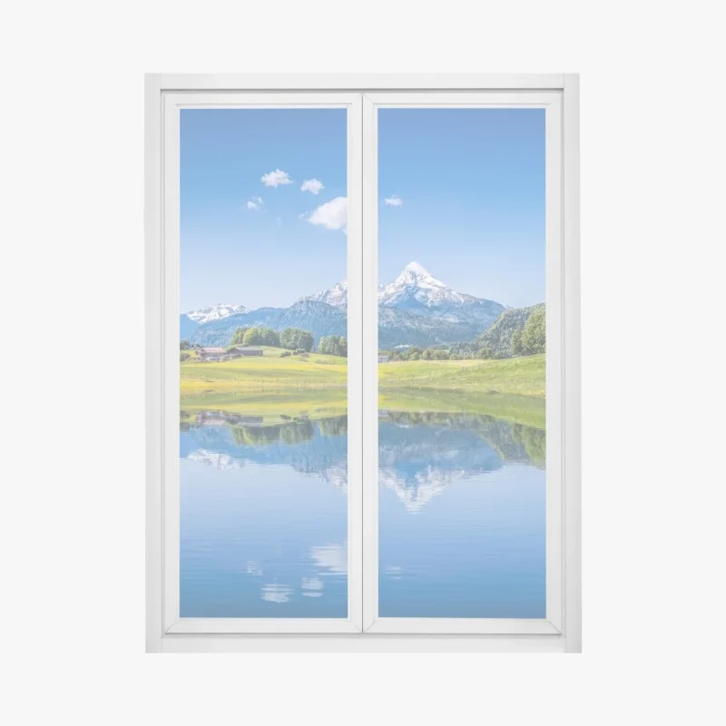 Pegatina para ventana paisaje alpino con lago y reflejo
