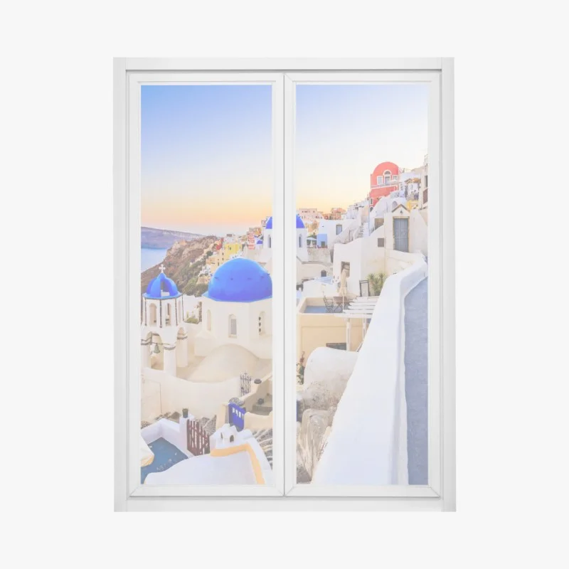 Pegatina para ventana panorama de Santorini al atardecer