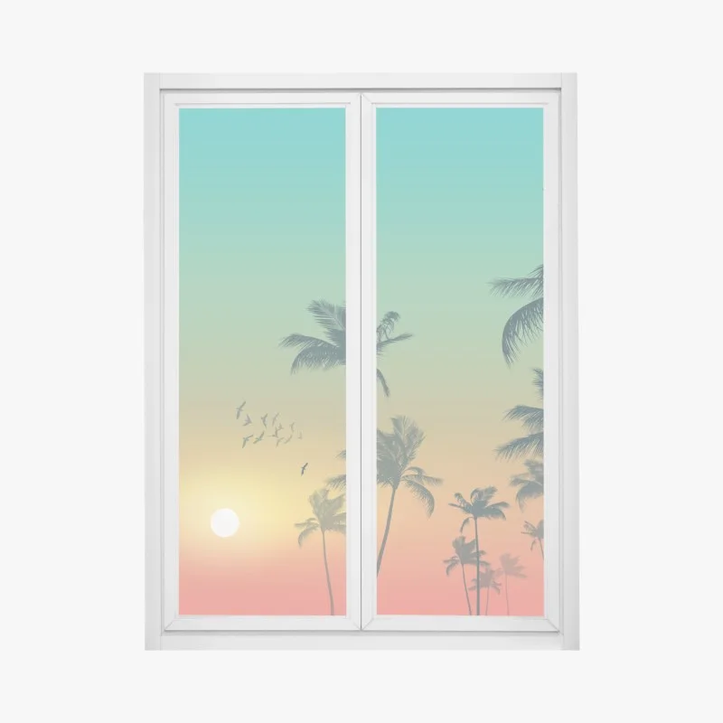 Pegatina para ventana atardecer tropical entre palmeras