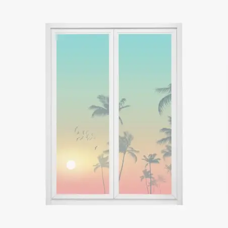 Pegatina para ventana atardecer tropical entre palmeras – Pixers®