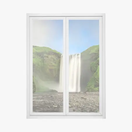 Pegatina para ventana amanecer en Skógafoss, cascada y acantilados verdes – Pixers®