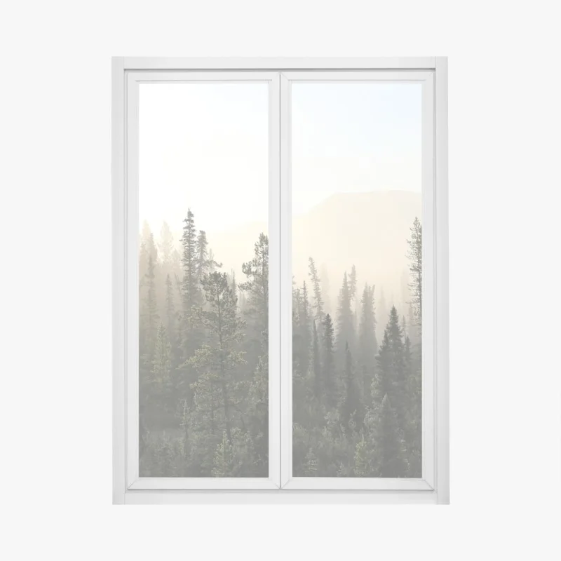 Pegatina para ventana amanecer entre pinos y niebla