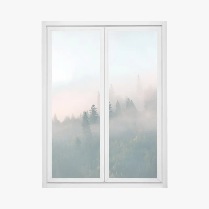 Pegatina para ventana bosque envuelto en niebla al amanecer