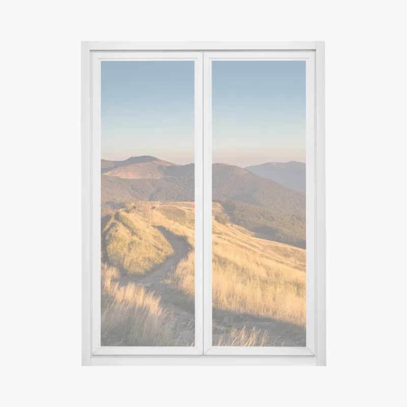 Pegatina para ventana sendero entre colinas doradas al amanecer