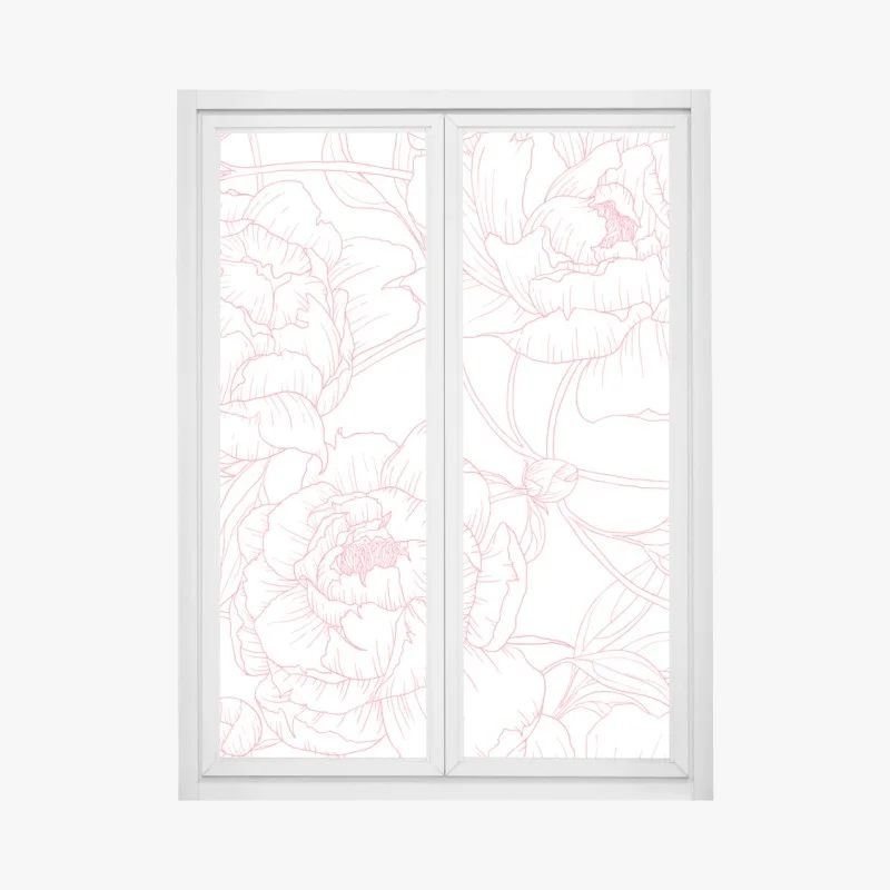 Pegatina para ventana patrón floral de peonías en líneas rosa
