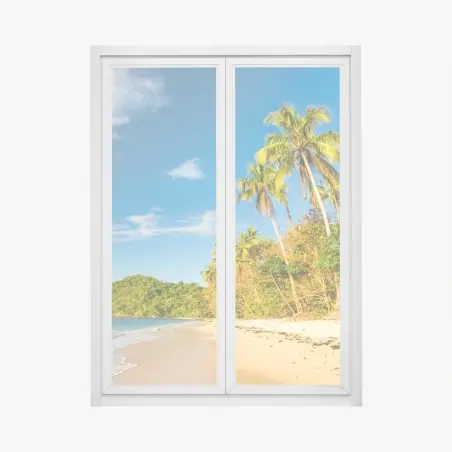 Pegatina para ventana atardecer en playa tropical con palmeras – Pixers®