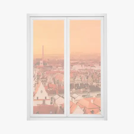 Pegatina para ventana paisaje urbano de tejados naranjas al atardecer – Pixers®