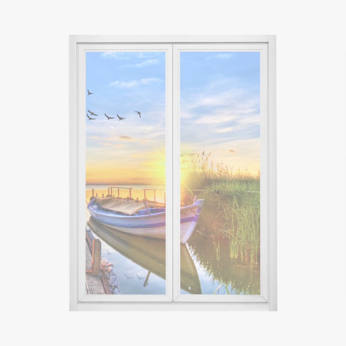 Pegatina para ventana amanecer en el muelle con barca – Pixers®