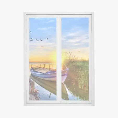 Pegatina para ventana amanecer en el muelle con barca – Pixers®