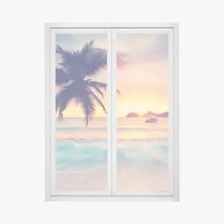 Pegatina para ventana puesta de sol tropical con palmera y barca – Pixers®