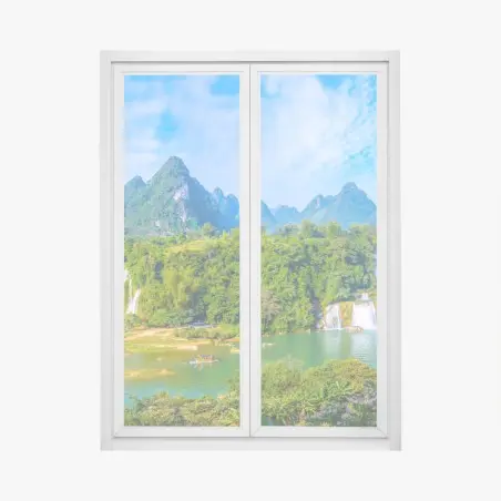 Pegatina para ventana paisaje panorámico de cascadas y montañas – Pixers®