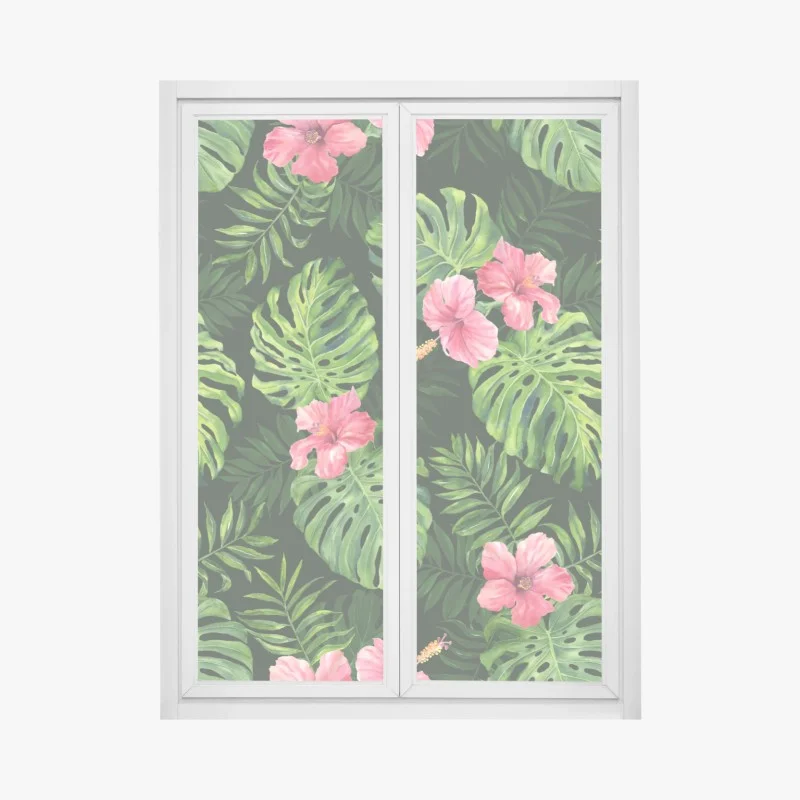 Pegatina para ventana patrón tropical de hojas monstera y hibiscos rosas