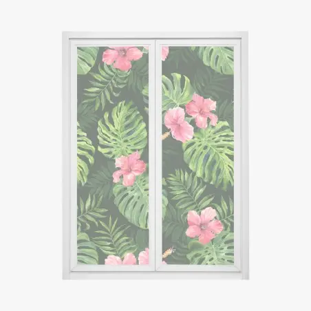 Pegatina para ventana patrón tropical de hojas monstera y hibiscos rosas – Pixers®