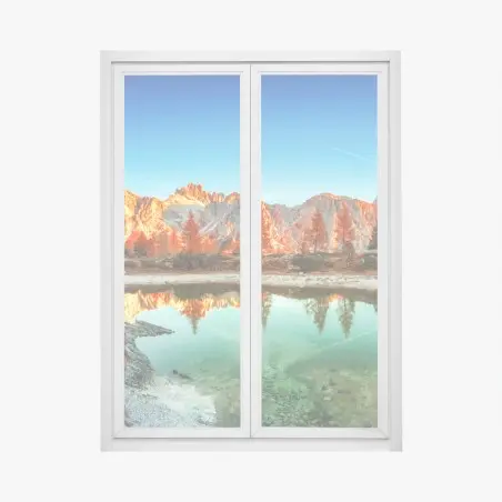 Pegatina para ventana amanecer en montañas rocosas con reflejo en lago – Pixers®