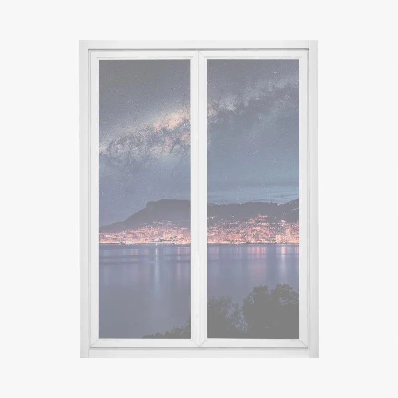 Pegatina para ventana vía láctea sobre ciudad costera iluminada