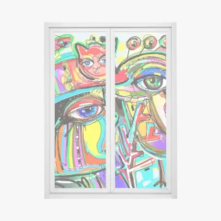 Pegatina para ventana rostro colorido con gato rojo y pájaro – Pixers®