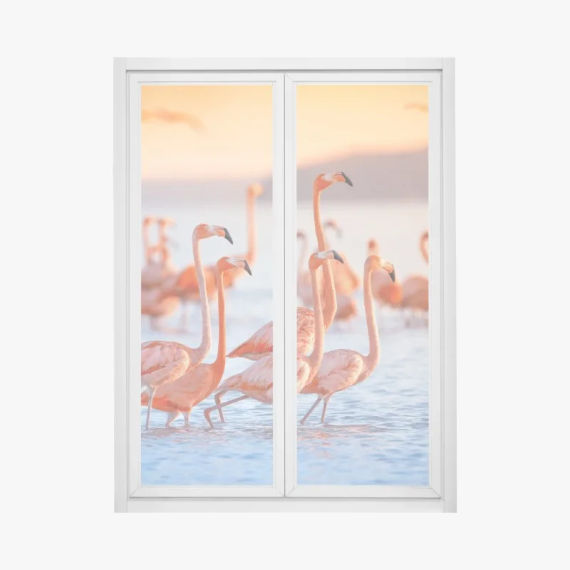 Pegatina para ventana flamencos al atardecer sobre aguas tranquilas