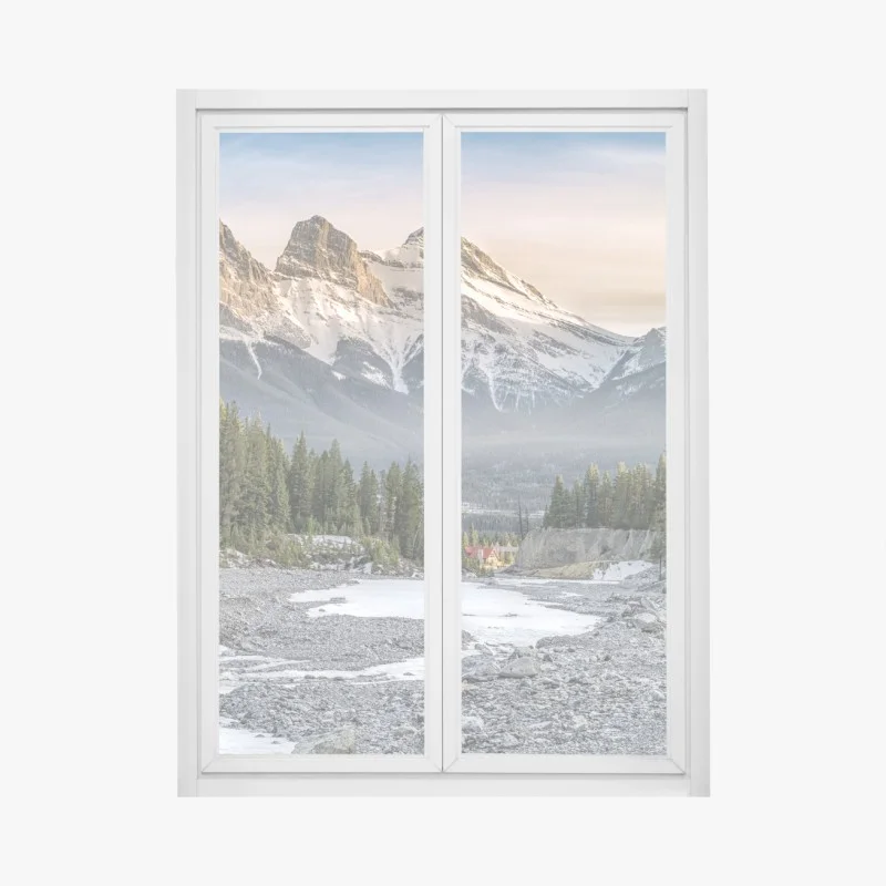Pegatina para ventana amanecer en las montañas nevadas con cabaña en el valle
