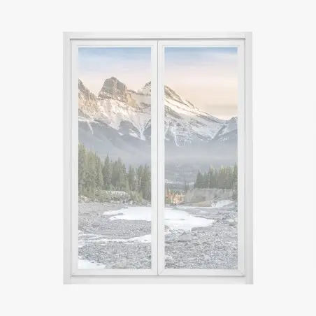 Pegatina para ventana amanecer en las montañas nevadas con cabaña en el valle – Pixers®