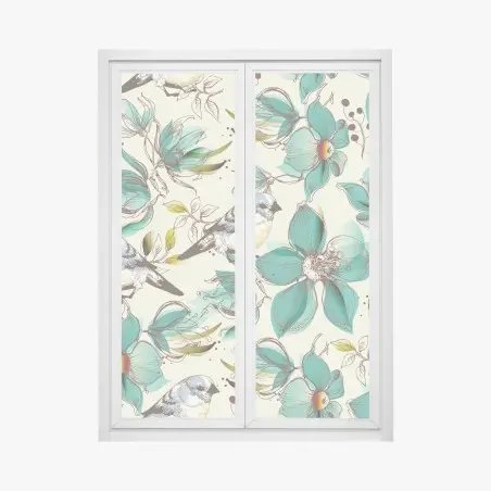 Pegatina para ventana estampado retro de pájaros y flores turquesa – Pixers®