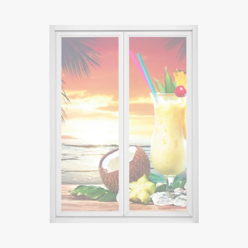 Pegatina para ventana atardecer tropical con cóctel de piña y coco