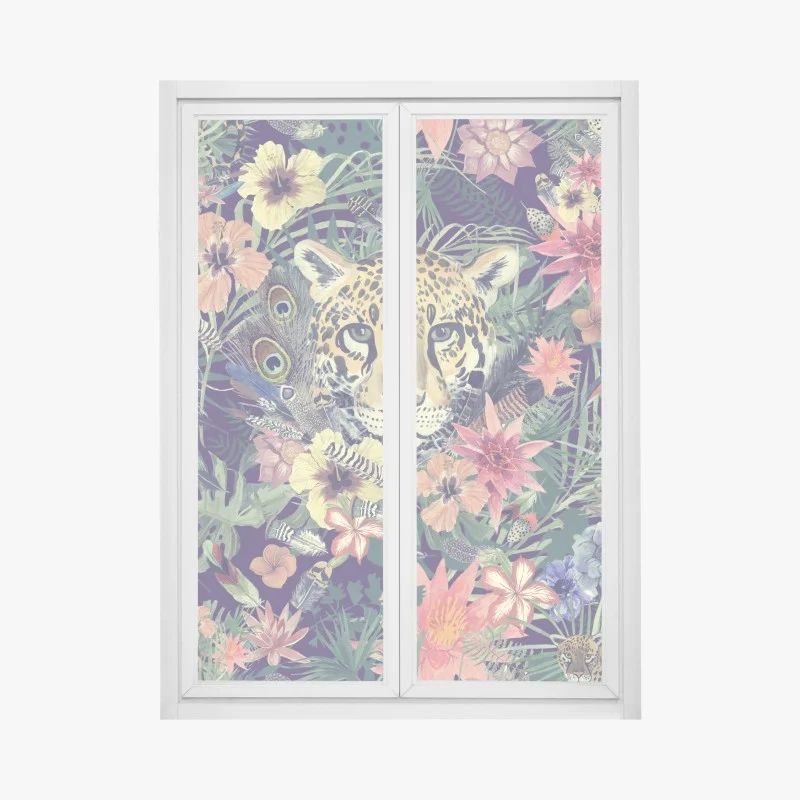 Pegatina para ventana leopardo en selva acuarelada y flores exóticas